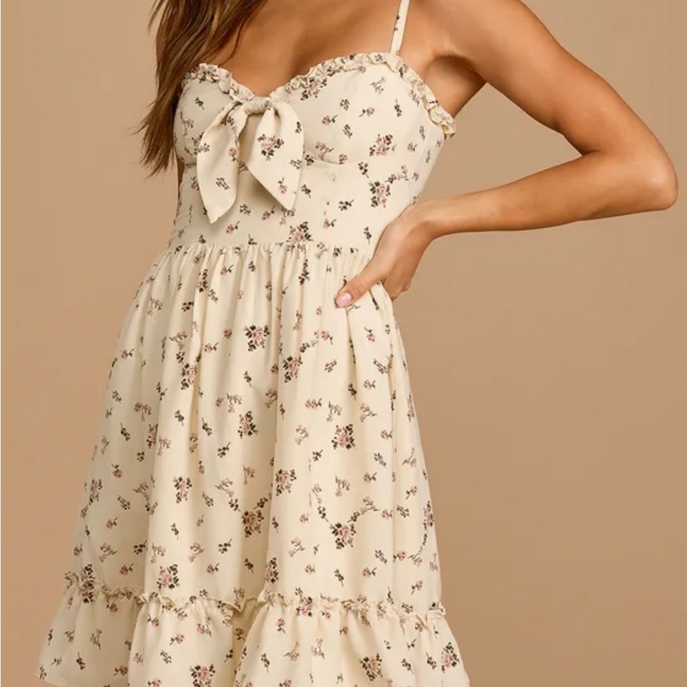 Lulus Romantic Muse Cream Floral Print Tie-Front Ruffled Mini Dress - Small